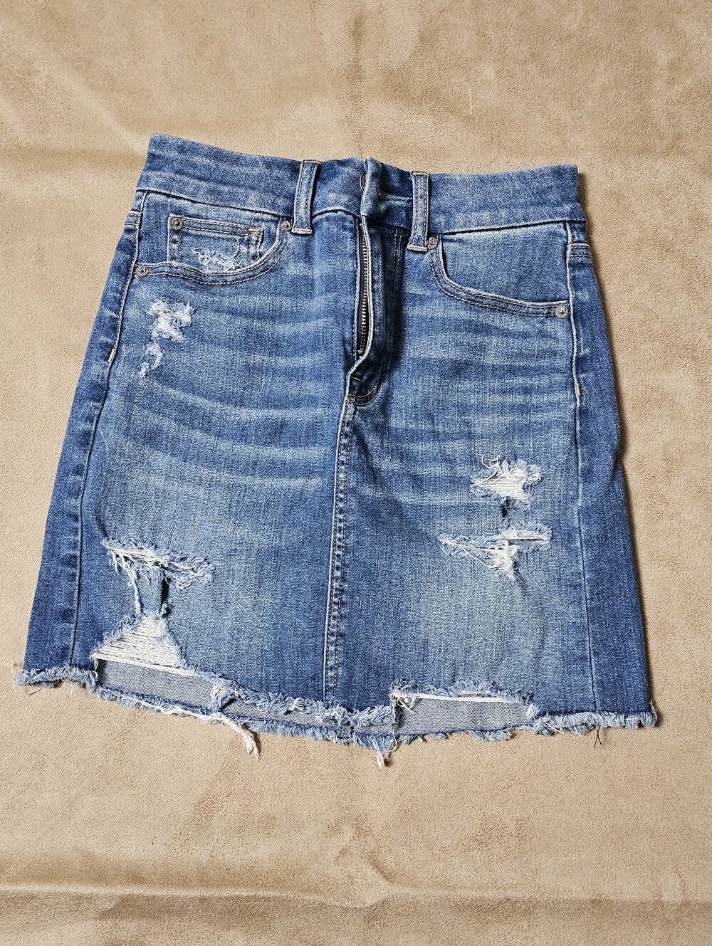 American Eagle Super Stretch Curvy Hi-rise Distressed Blue Denim Mini Skirt